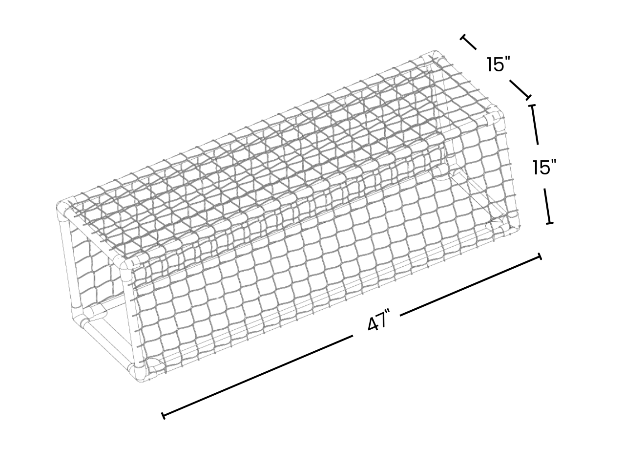 Drawing of mesh cat tunnel with dimensions labeled on a white background