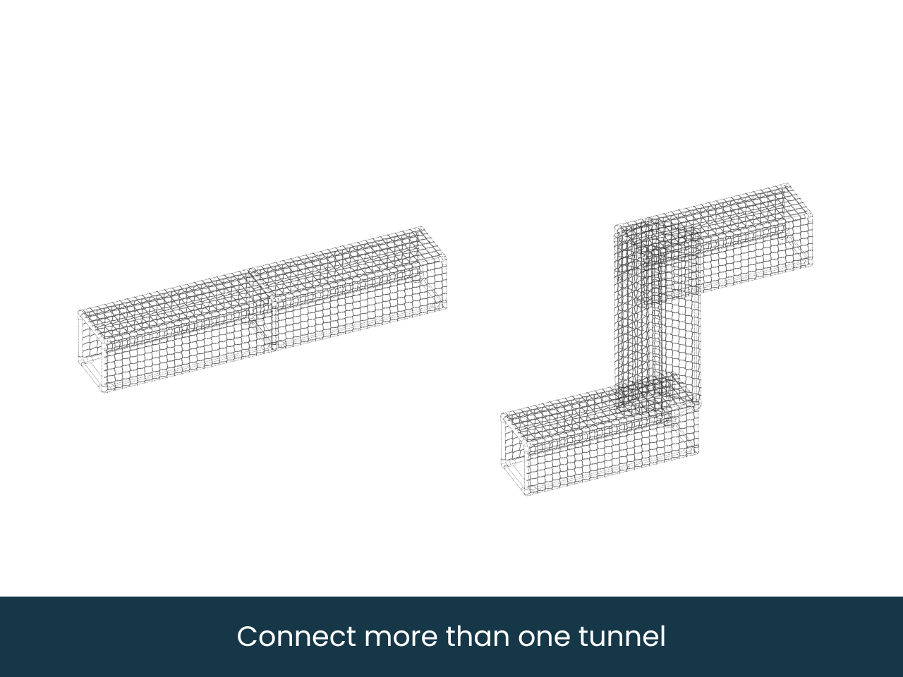 Two  mesh cat tunnels on a white background with text 'Connect more than one tunnel'.