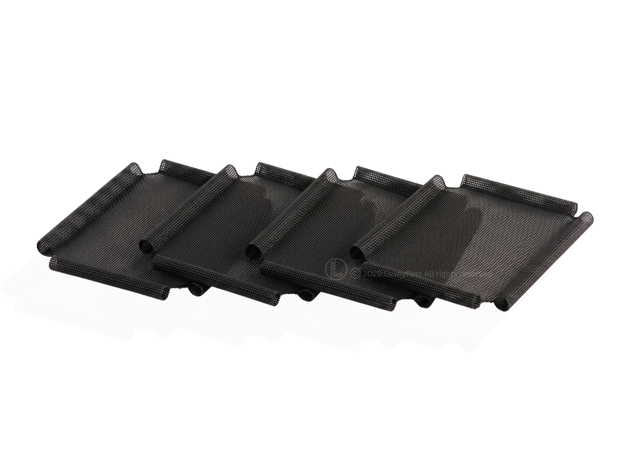 Four black textured mesh filter cartridges arranged in a staggered row on a white background.
