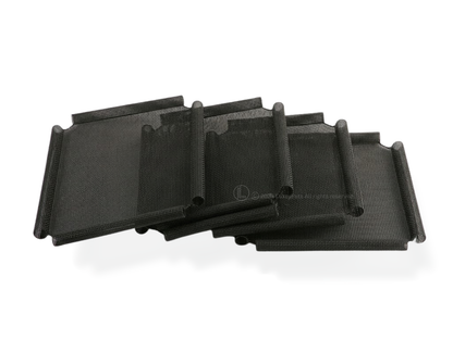 Five black textured mesh sling pads arranged in a fan-like stack on a white background.