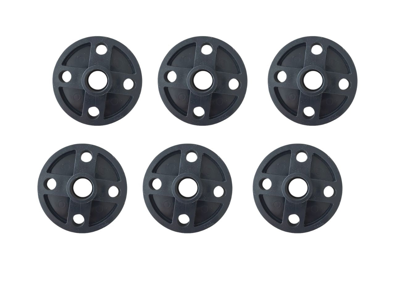Six black circular components with multiple holes on a white background