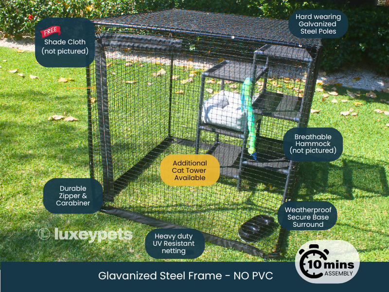 3'9" cat enclosure set up with all features displayed