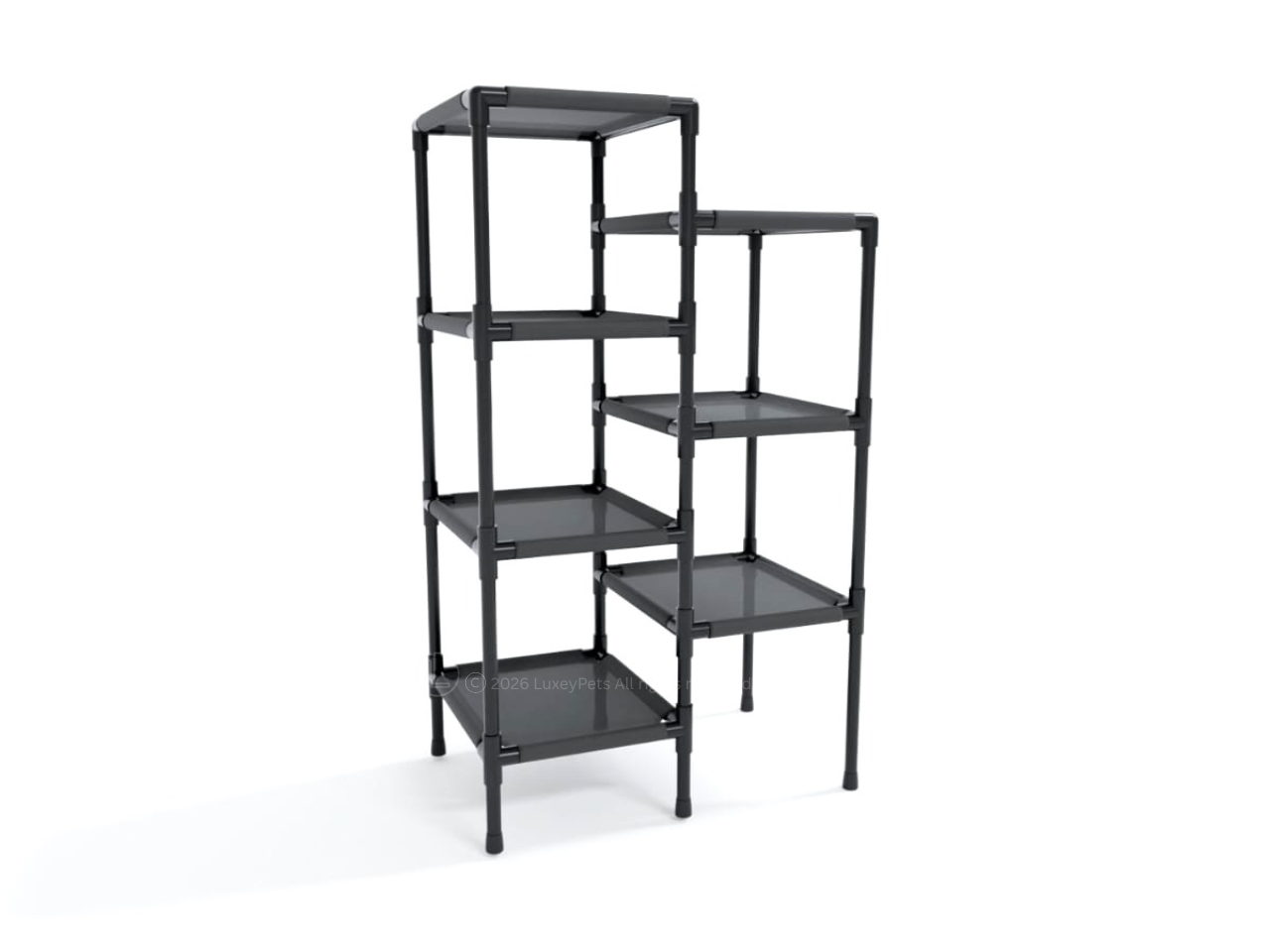 A black plastic modular shelving unit with five tiers, shown on a clean white background.
