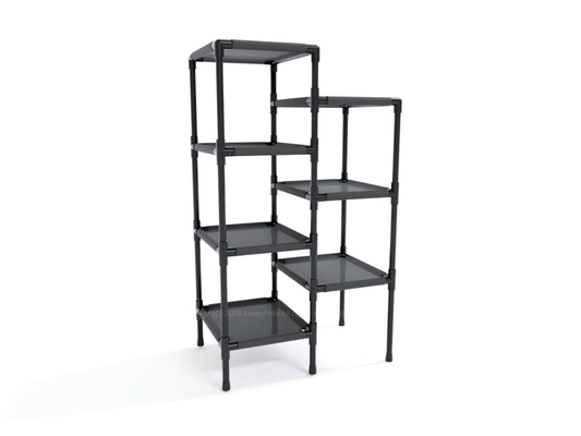 A black plastic modular shelving unit with five tiers, shown on a clean white background.