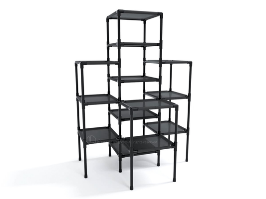 A black modular shelving unit with multiple rectangular shelves and a pvc frame, shown on a clean white studio background.