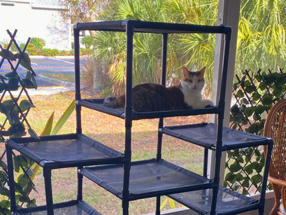 A brown and white cat rests on the middle shelf of a black plastic multi-tiered cat tree with mesh platforms, set on a porch with outdoor greenery in the background.