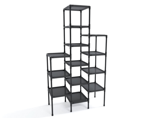 A black PVC shelving unit with multiple rectangular shelves, shown on a plain white background.