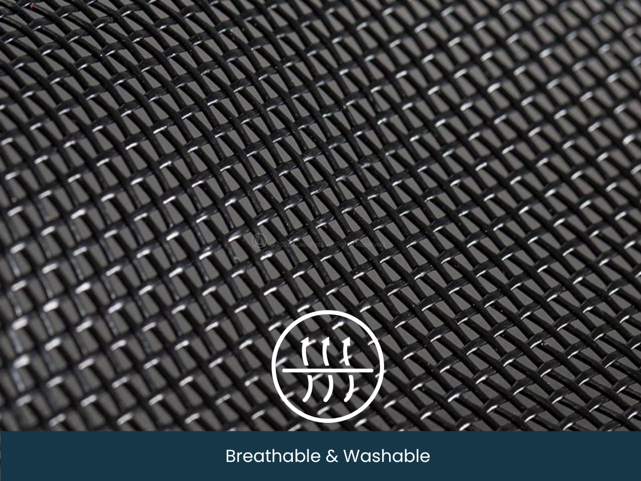Close-up of black woven fabric with a brand logo and text 'Breathable & Washable' on a blue background.