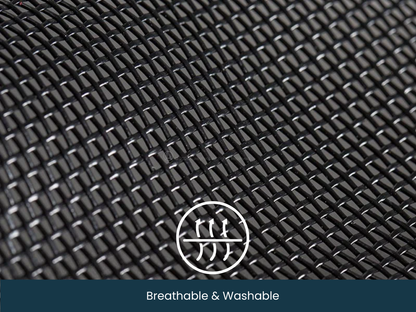 Close-up of black woven fabric with a brand logo and text 'Breathable & Washable' on a blue background.