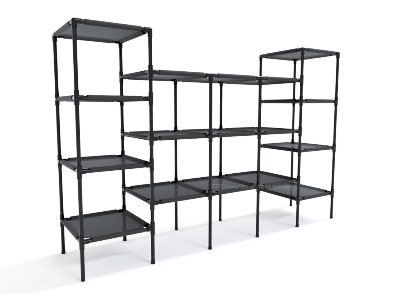 A modular black metal shelving unit with multiple rectangular shelves, shown on a plain white studio background.