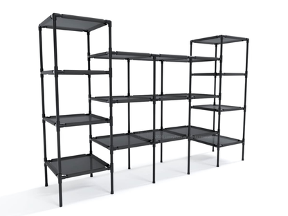 A modular black metal shelving unit with multiple rectangular shelves, shown on a plain white studio background.