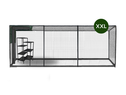 Large black wire cage with a green 'XXL' label on a white background
