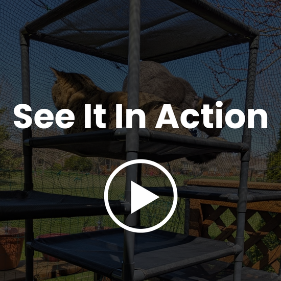 Video of Black PVC Cat Tower in a patio with cat lounging
